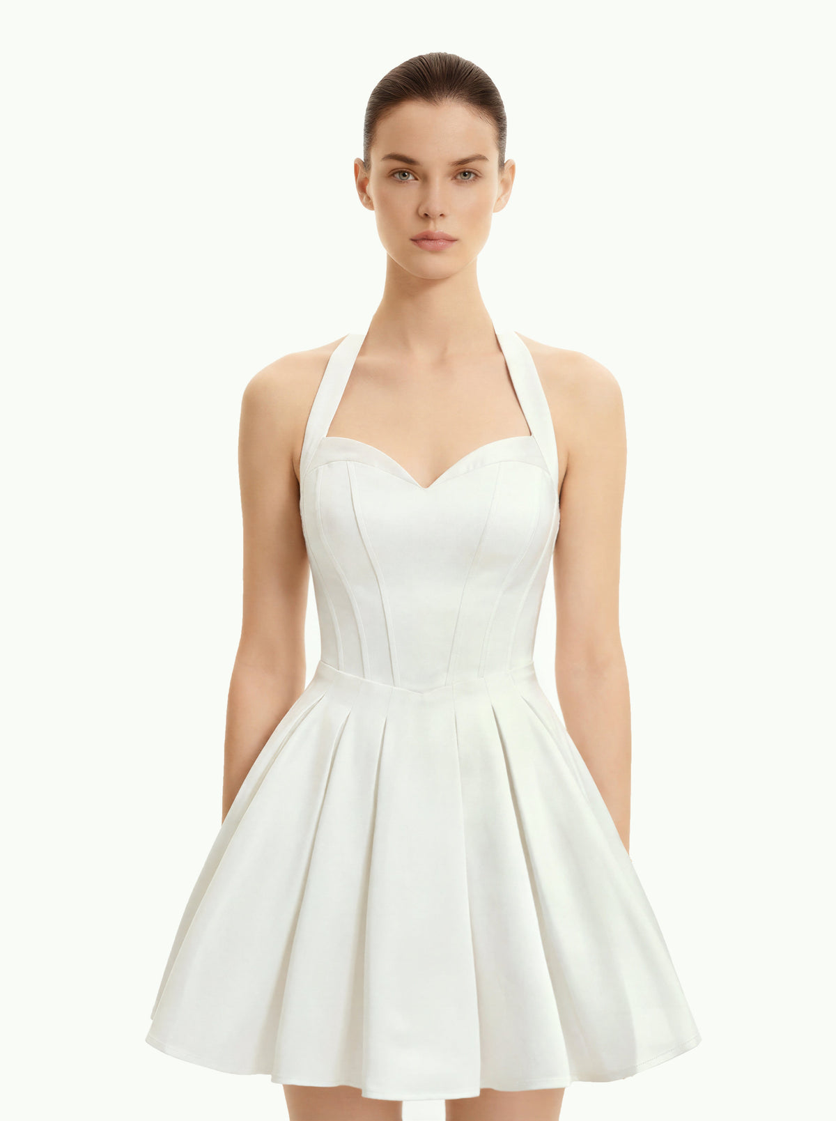 Pleated Bustier Halter Mini Dress - White