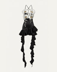 Orchid Embroidered Ruffle Hem Mini Dress - Black