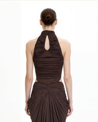 Ruched Twist-Front Halter Bodysuit - Brown