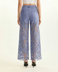 High-Rise Rhinestone Lace Wide-Leg Jeans - Hyacinth