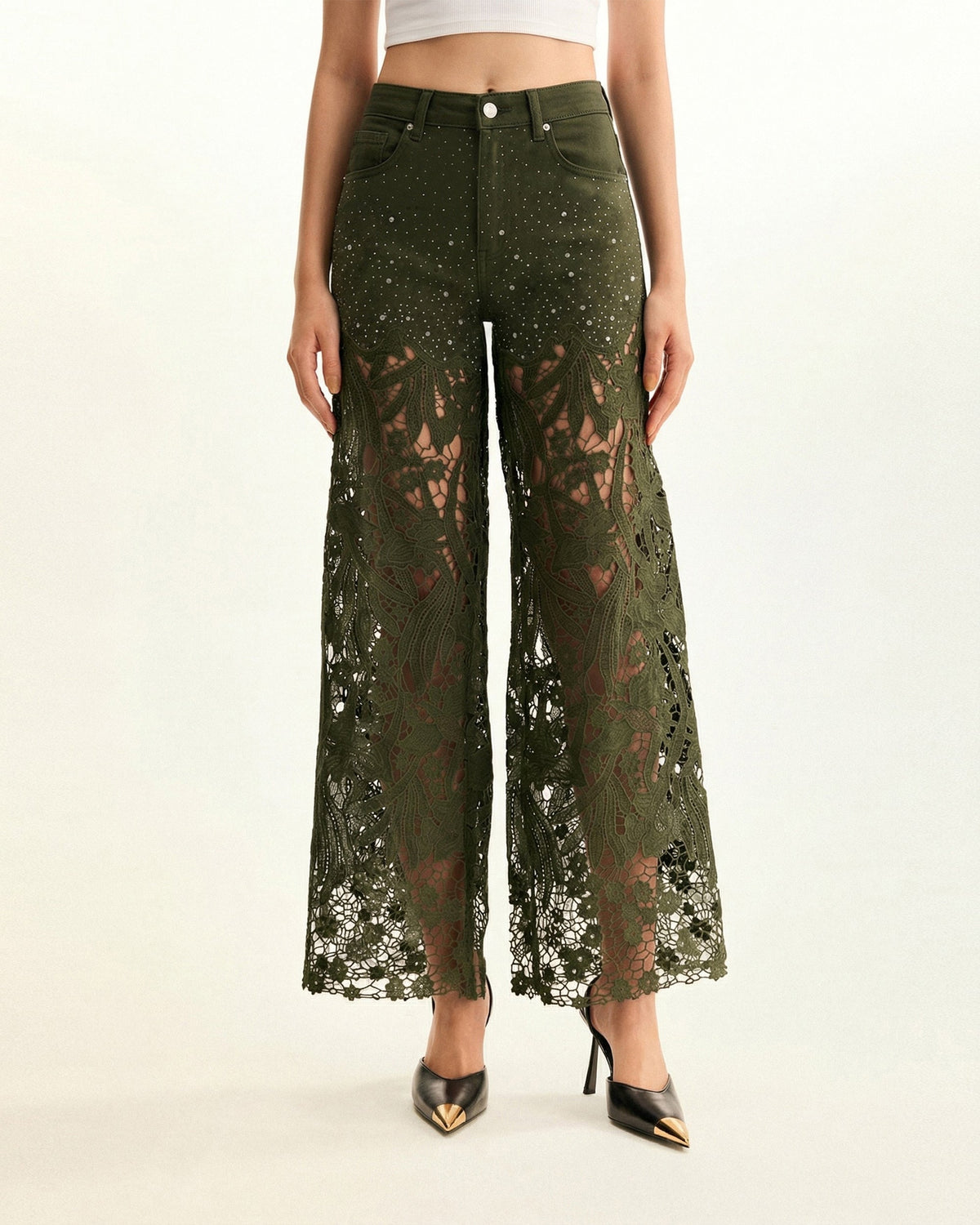 High-Rise Rhinestone Lace Wide-Leg Jeans - Army Green