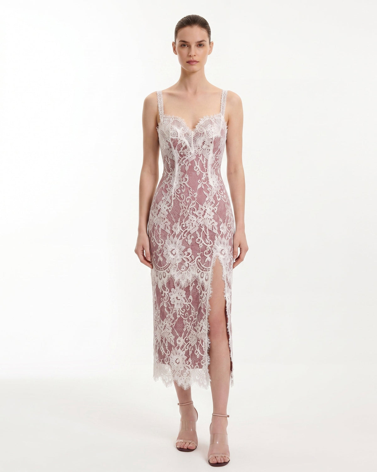 Lace Overlay Slit Dress - White Pink