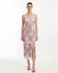 Lace Overlay Slit Dress - White Pink