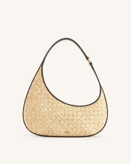 White Faux Straw Shoulder Bag - Brown