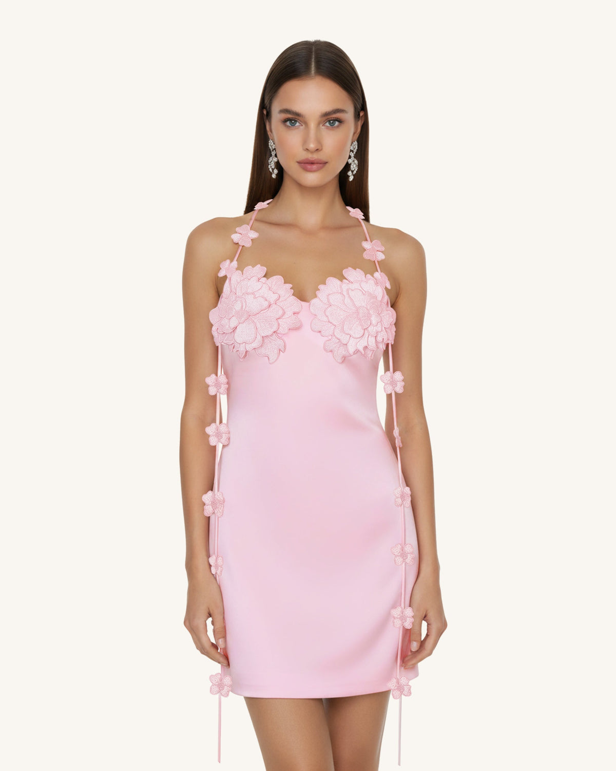 Floral Embellished Slip Mini Dress - Pink