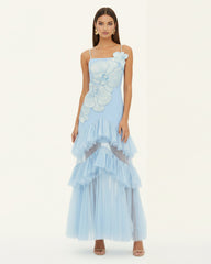 Orchid Embroidered Ruffled Tulle Strapless Maxi Dress - Light Blue