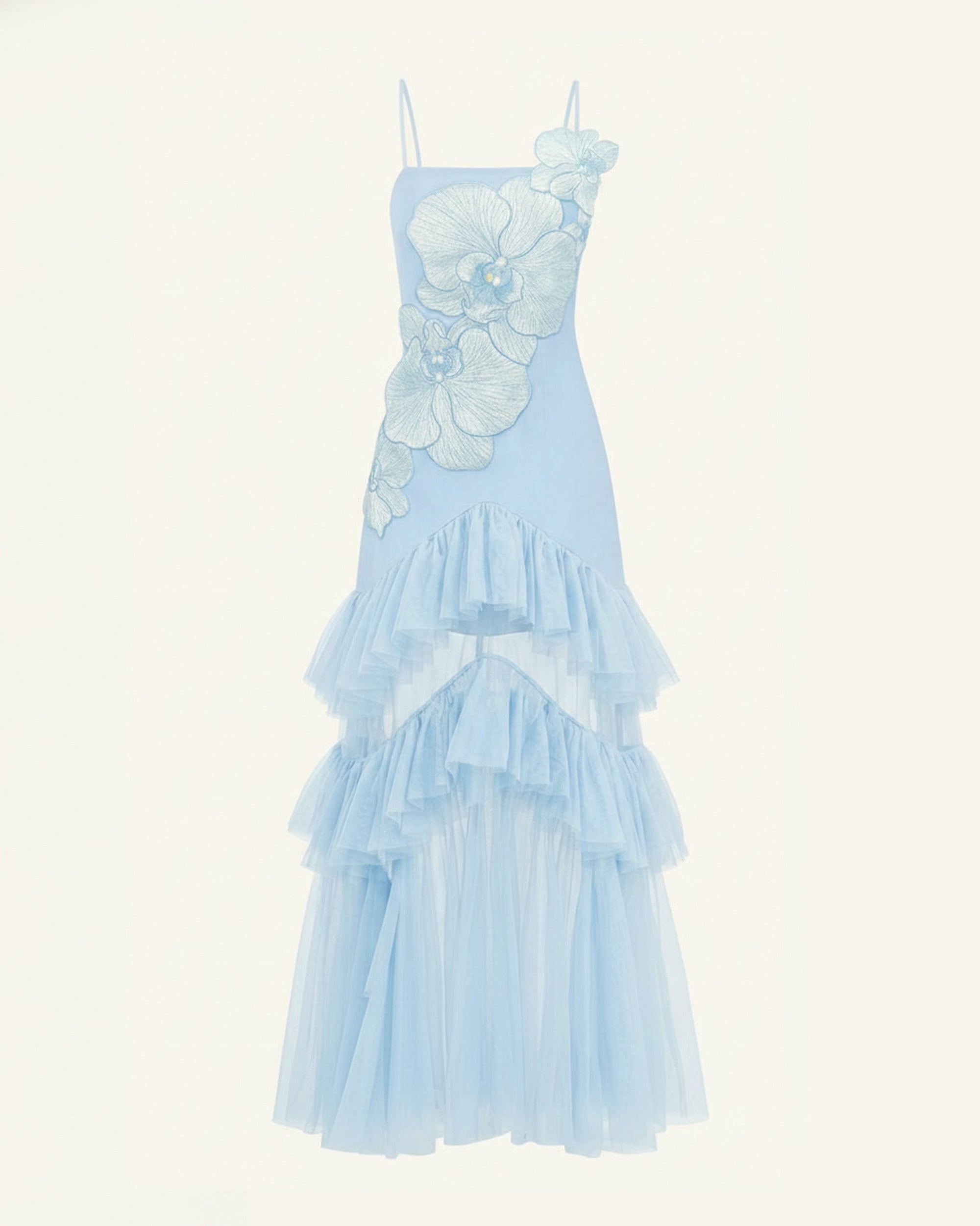 Orchid Embroidered Ruffled Tulle Strapless Maxi Dress - Light Blue