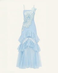 Orchid Embroidered Ruffled Tulle Strapless Maxi Dress - Light Blue