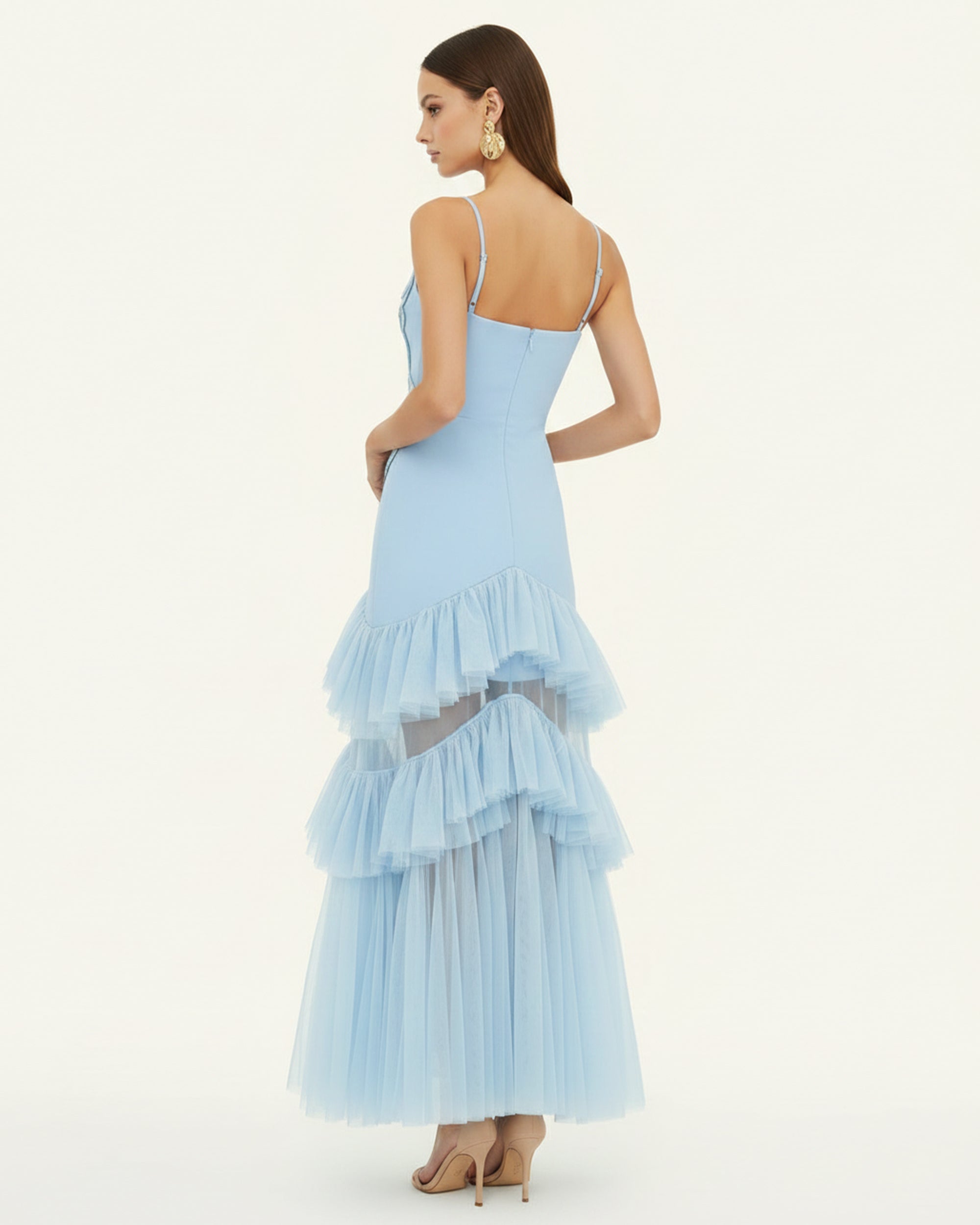 Orchid Embroidered Ruffled Tulle Strapless Maxi Dress - Light Blue