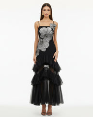 Orchid Embroidered Ruffled Tulle Strapless Maxi Dress - Black