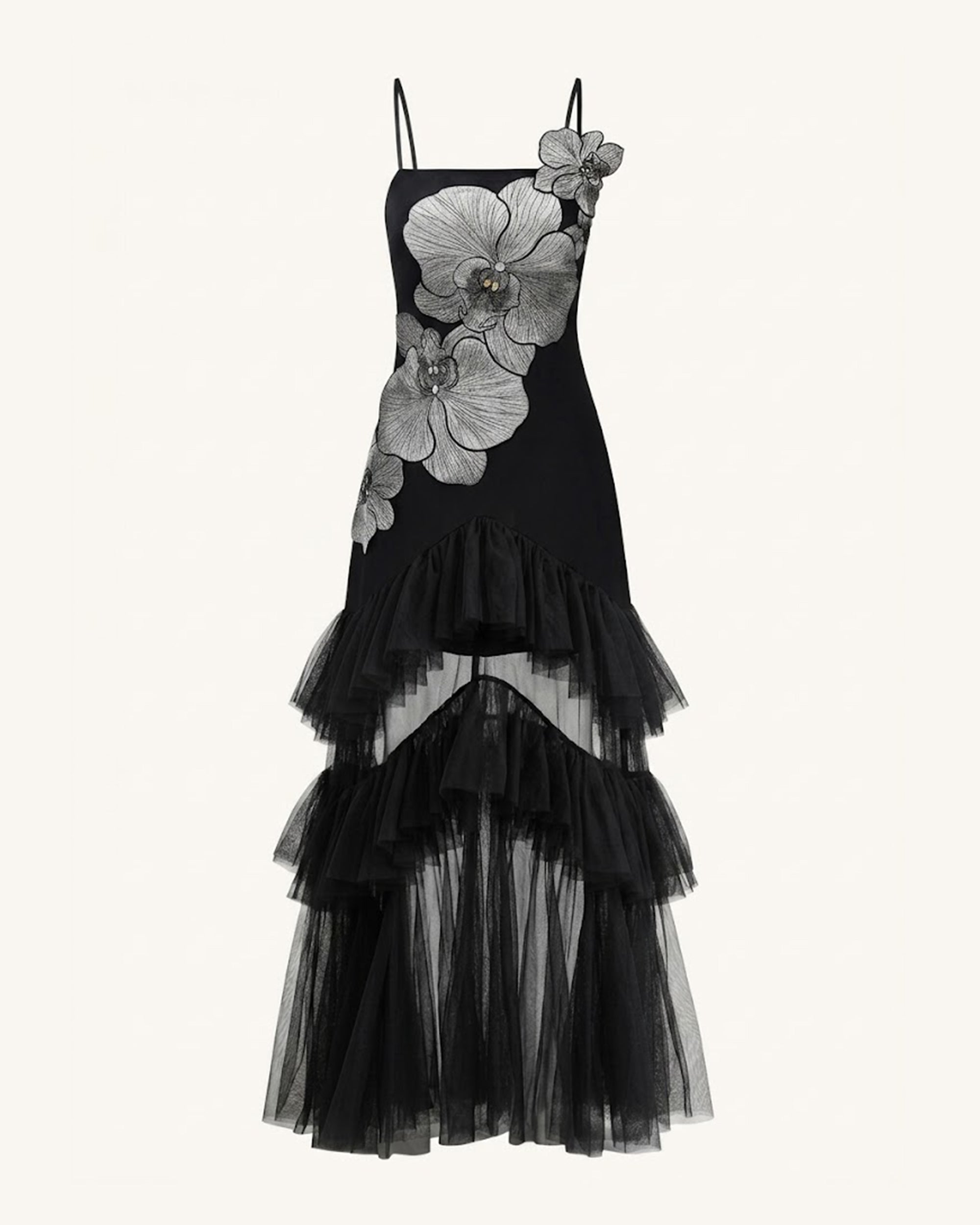 Orchid Embroidered Ruffled Tulle Strapless Maxi Dress - Black