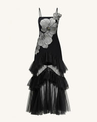 Orchid Embroidered Ruffled Tulle Strapless Maxi Dress - Black