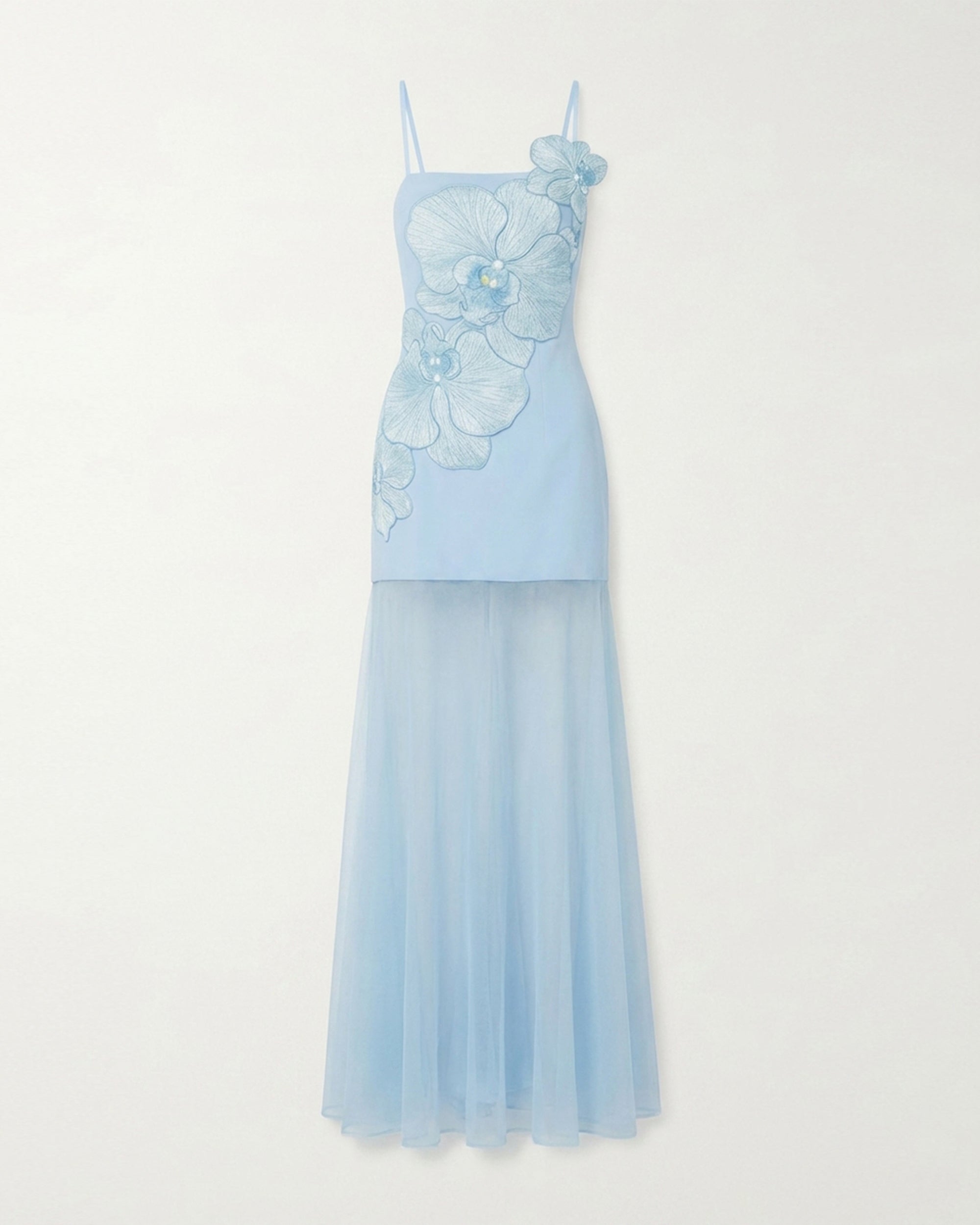 Orchid Embroidered Strappy Sheer Maxi Dress - Light Blue