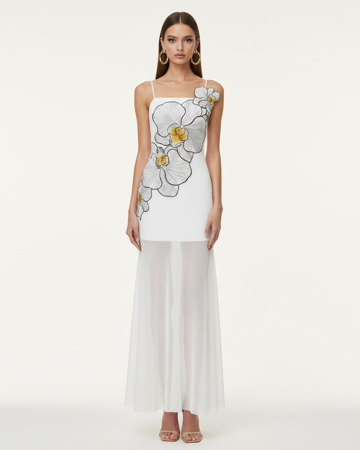 Orchid Embroidered Strappy Sheer Maxi Dress - White