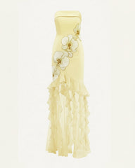 Orchid Embroidered Ruffled Strapless Maxi Dress - Pale Yellow