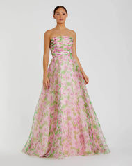 Strapless Floral Chiffon Gown with Ruched Detail