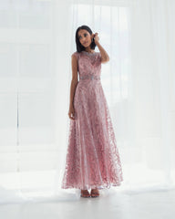 Pink Embroidered Cap Sleeve A Line Gown