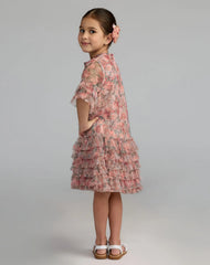 Girls Pink Floral Printed Short Sleeve Ruffle Dress
