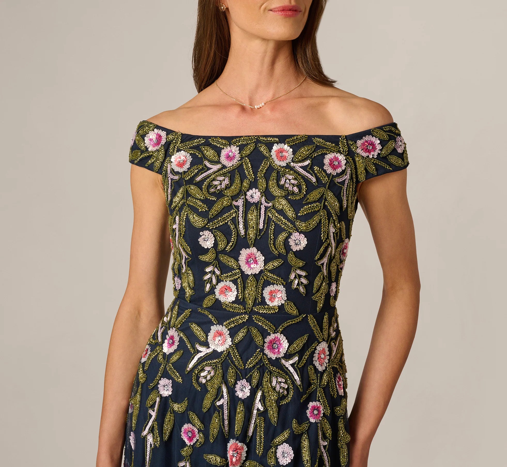 Off Shoulder Floral Beaded Ankle Length Dress In Navy Blush