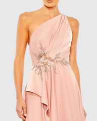 Pink Embellished One Shoulder Asymmetrical Gown