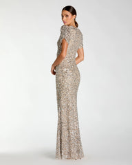 Beige Gathered Short Sleeve Embellished Gown