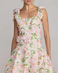 White Multicolor Floral Lace Tiered Midi Dress