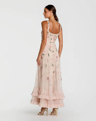 Pink Ruffle Midi Dress with Floral Embroidery