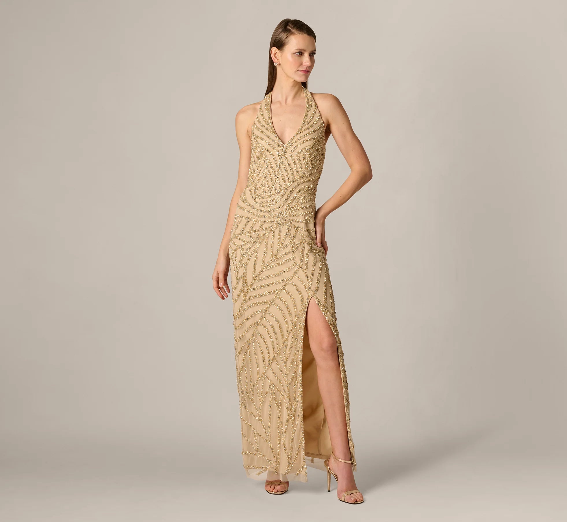 Sunburst Art Deco Beaded Halter Gown In Gold