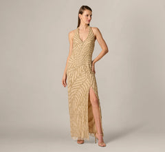 Sunburst Art Deco Beaded Halter Gown In Gold