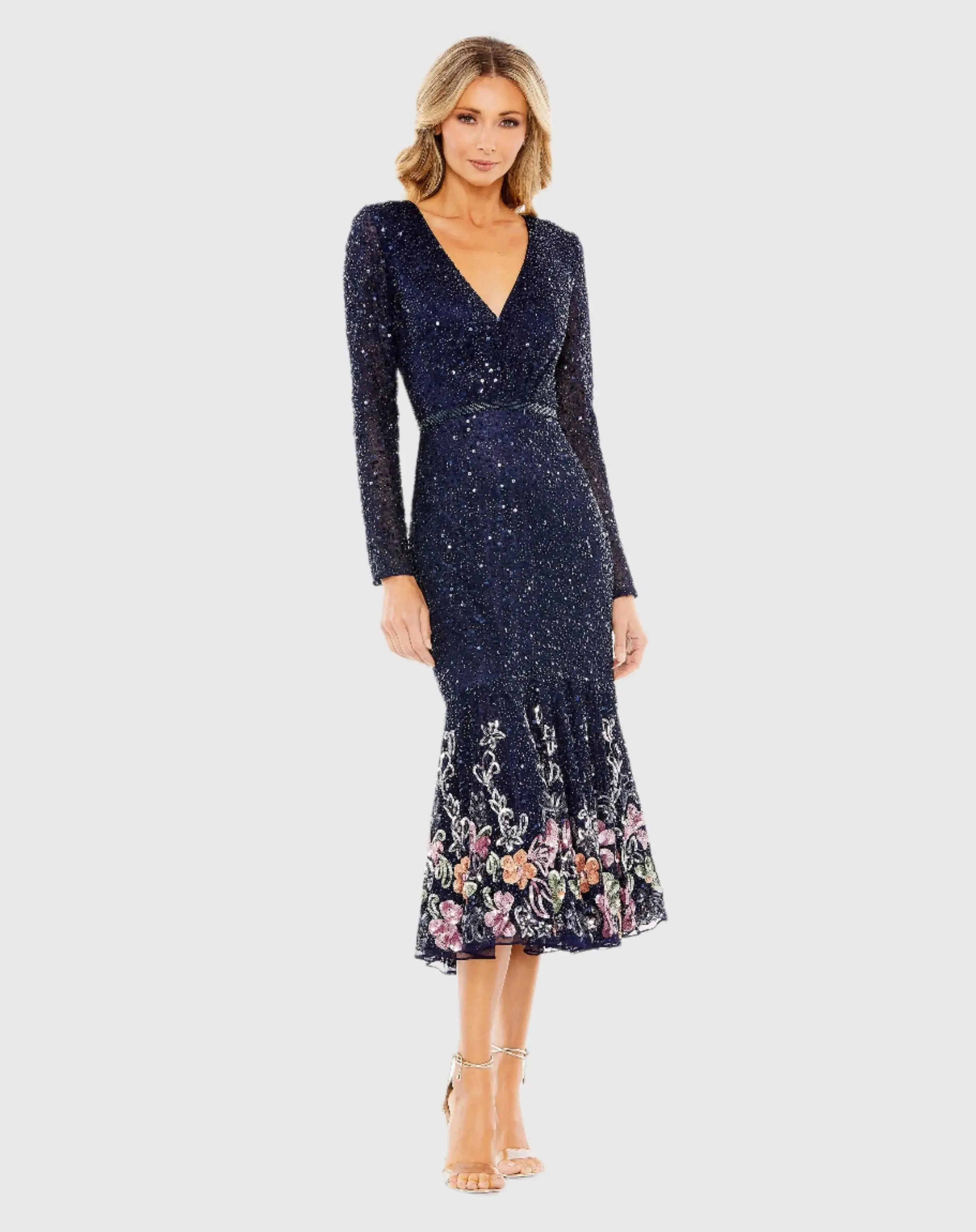 Multicolor Faux Wrap Long Sleeve Tea Length Dress