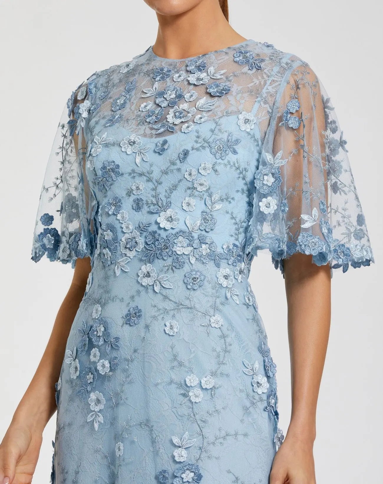 Petite Blue Flutter Sleeve Floral Embroidered Net Gown