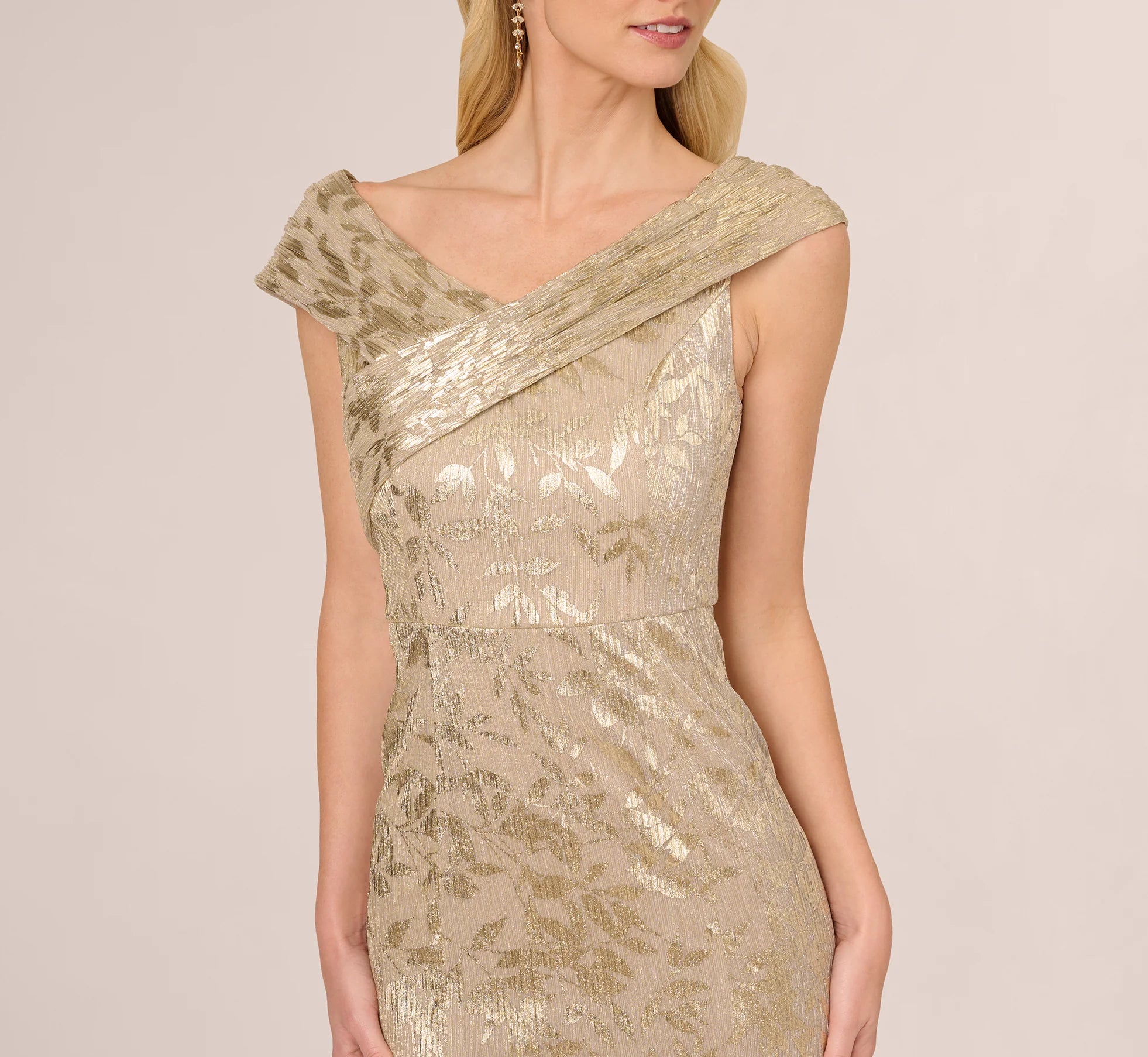 Off Shoulder Foil Leaf Mermaid Gown In Champagne Gold