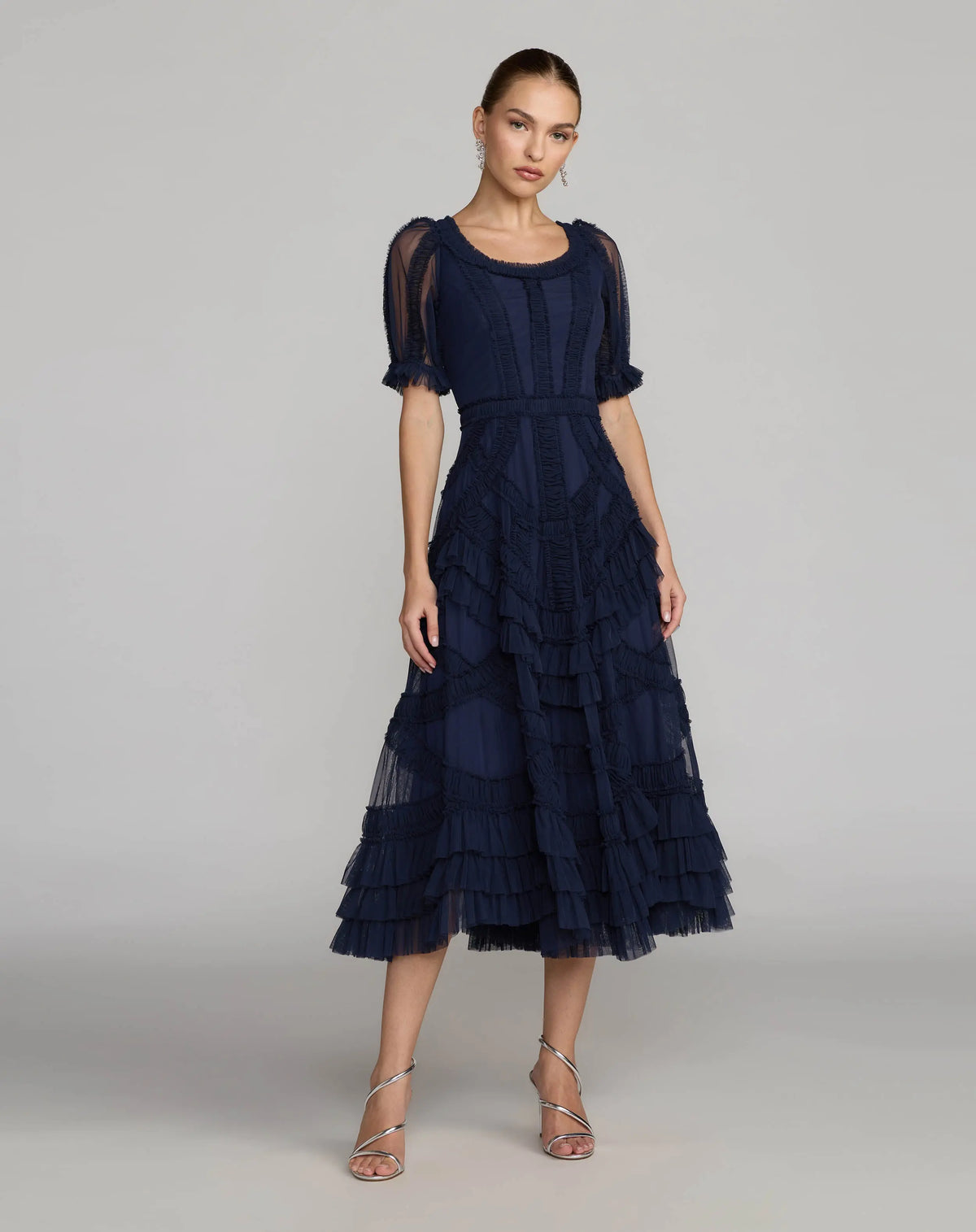 Short Sleeve Micro Ruffle Midi Dress