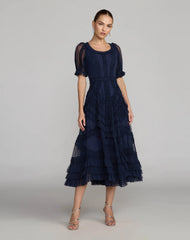 Short Sleeve Micro Ruffle Midi Dress