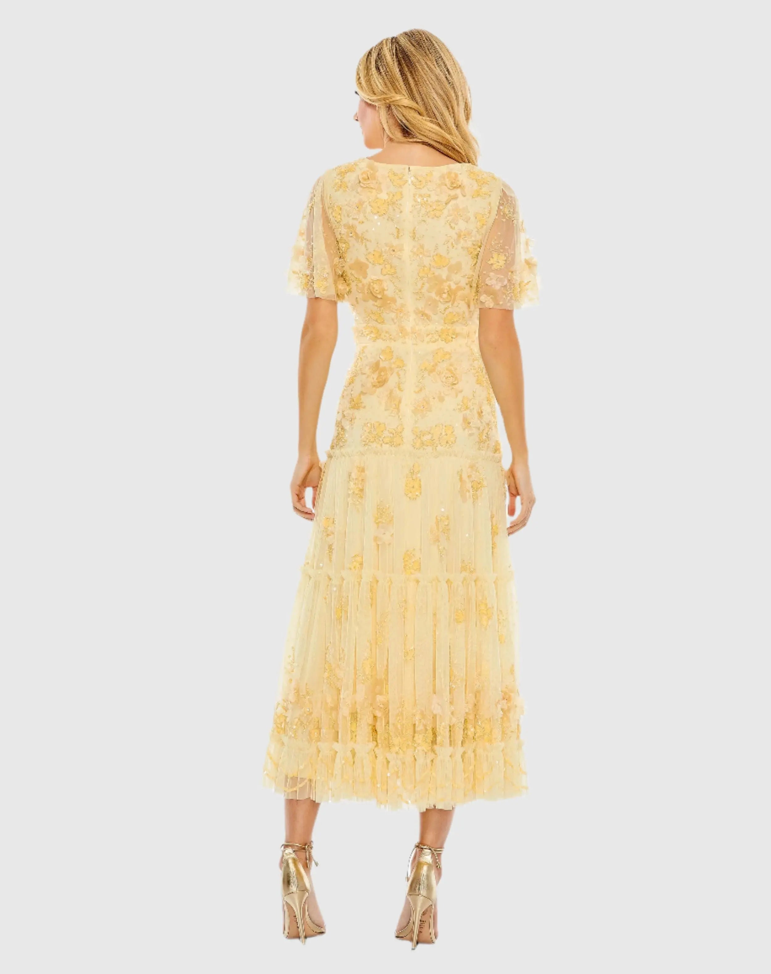 Yellow Floral Embellished Flutter Sleeve Dress
