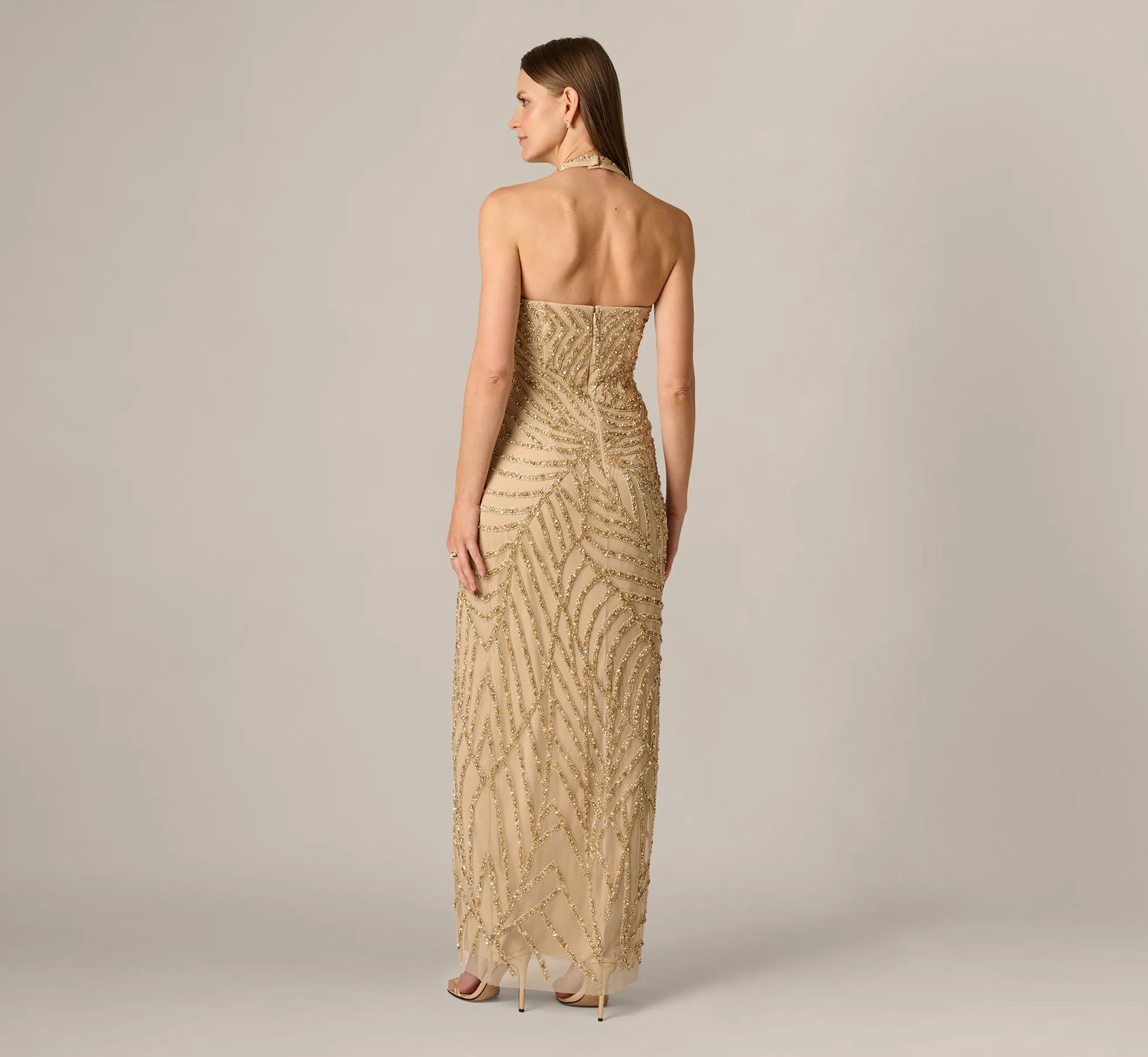 Sunburst Art Deco Beaded Halter Gown In Gold