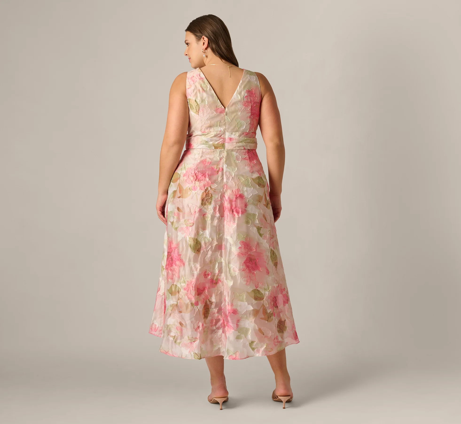 Plus Size Floral Organza Cascade High Low Midi Dress In Sage Multi