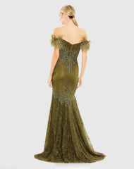 Green Off The Shoulder Embellished Lace Feather Trim Gown
