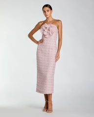 Pink Strapless Boucle Midi Dress With 3D Flower