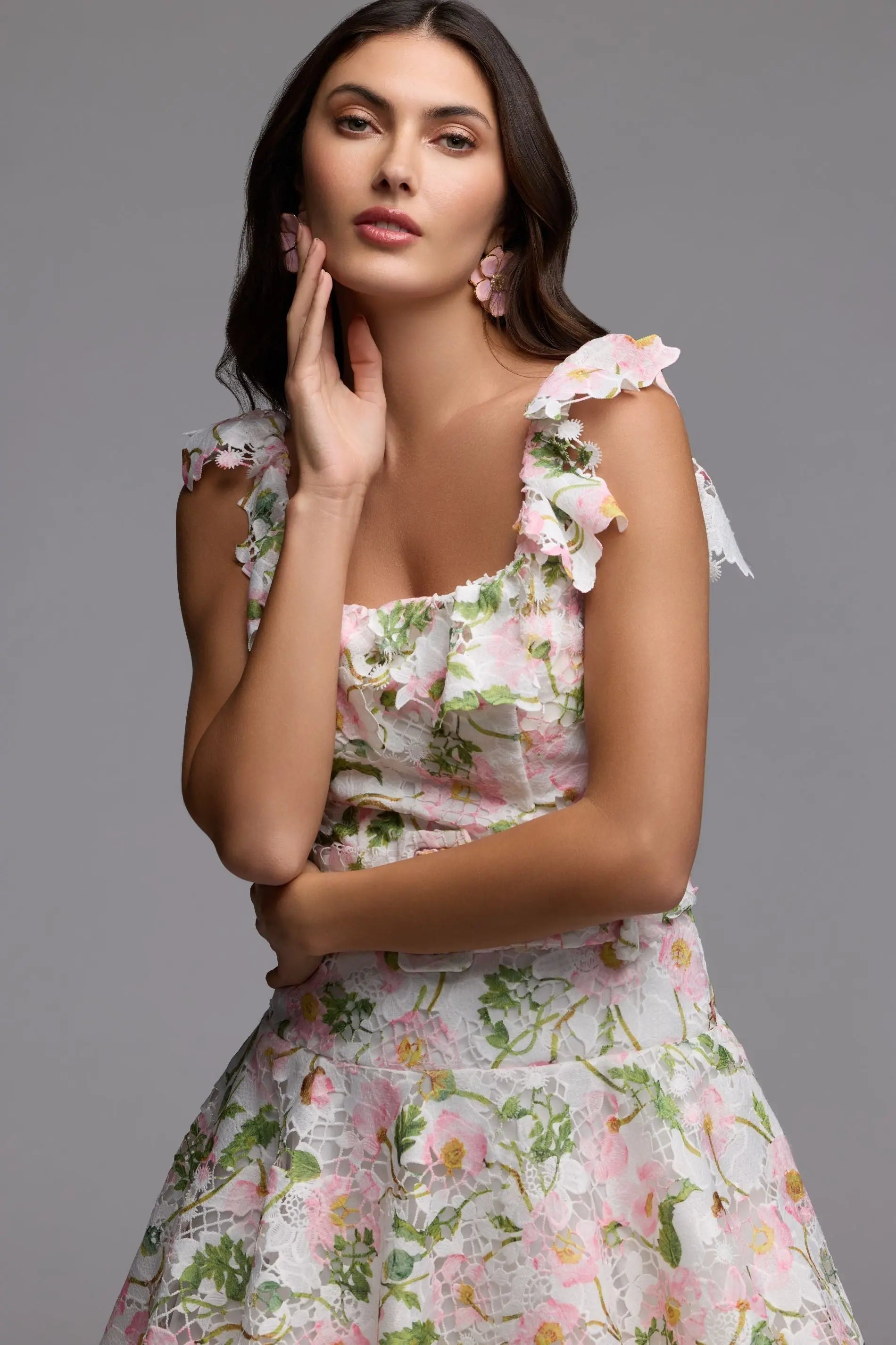 White Multicolor Floral Lace Tiered Midi Dress