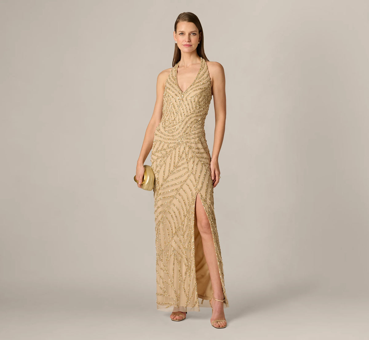 Sunburst Art Deco Beaded Halter Gown In Gold
