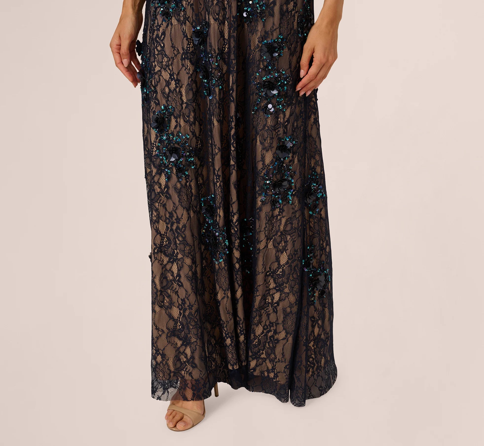 Sleeveless Sequin Floral Lace Gown In Midnight Multi Nude