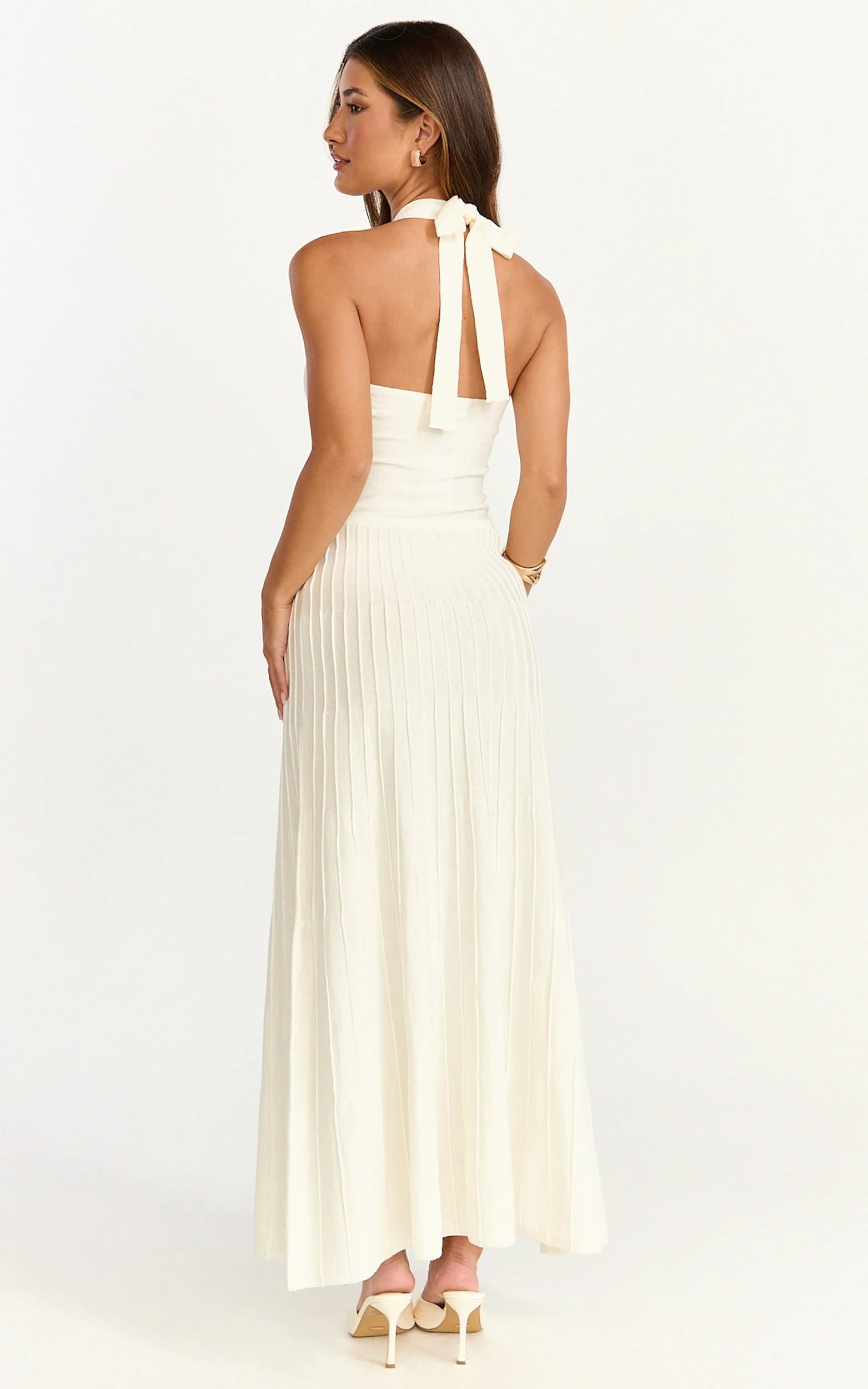 Candace Midi Dress - Halter Neck Ribbed Knit Dress in Cream