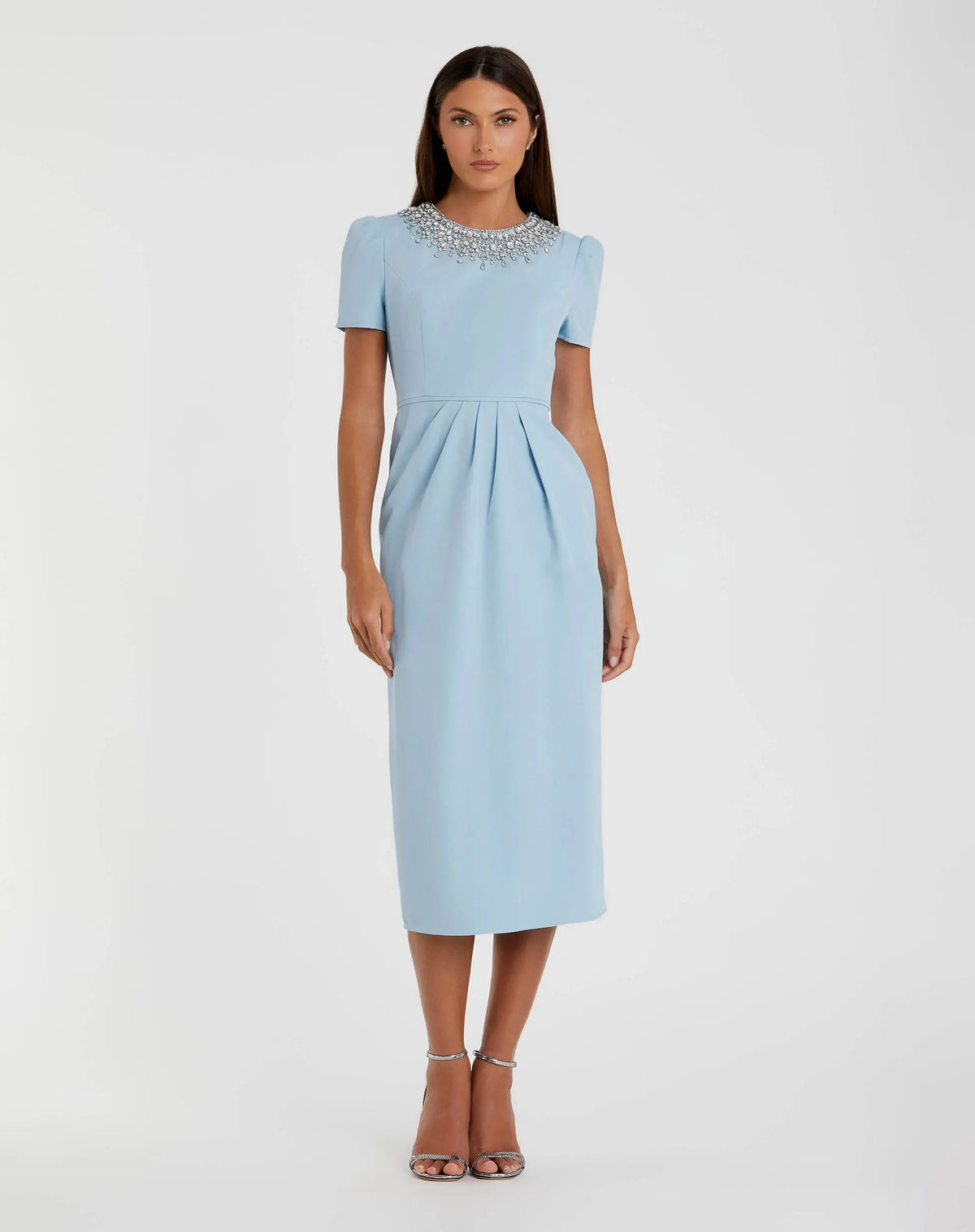 Blue Short Sleeve Rhinestone Neckline Midi Dress