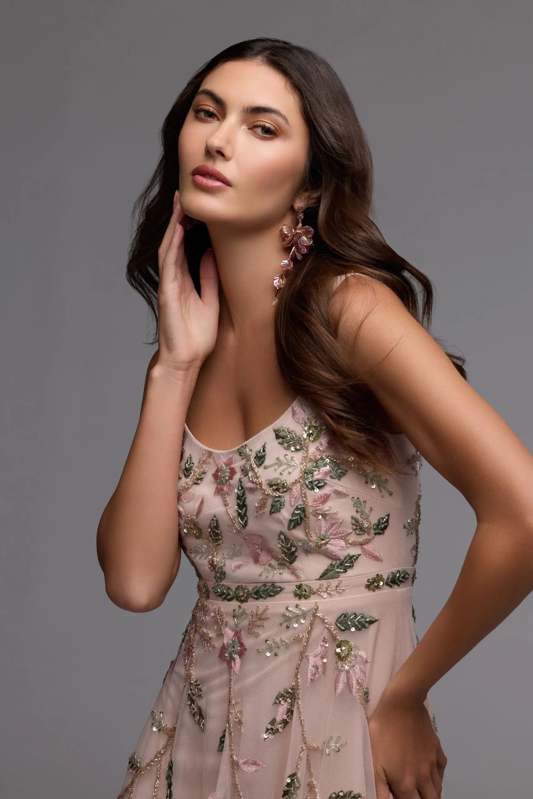 Pink Ruffle Midi Dress with Floral Embroidery
