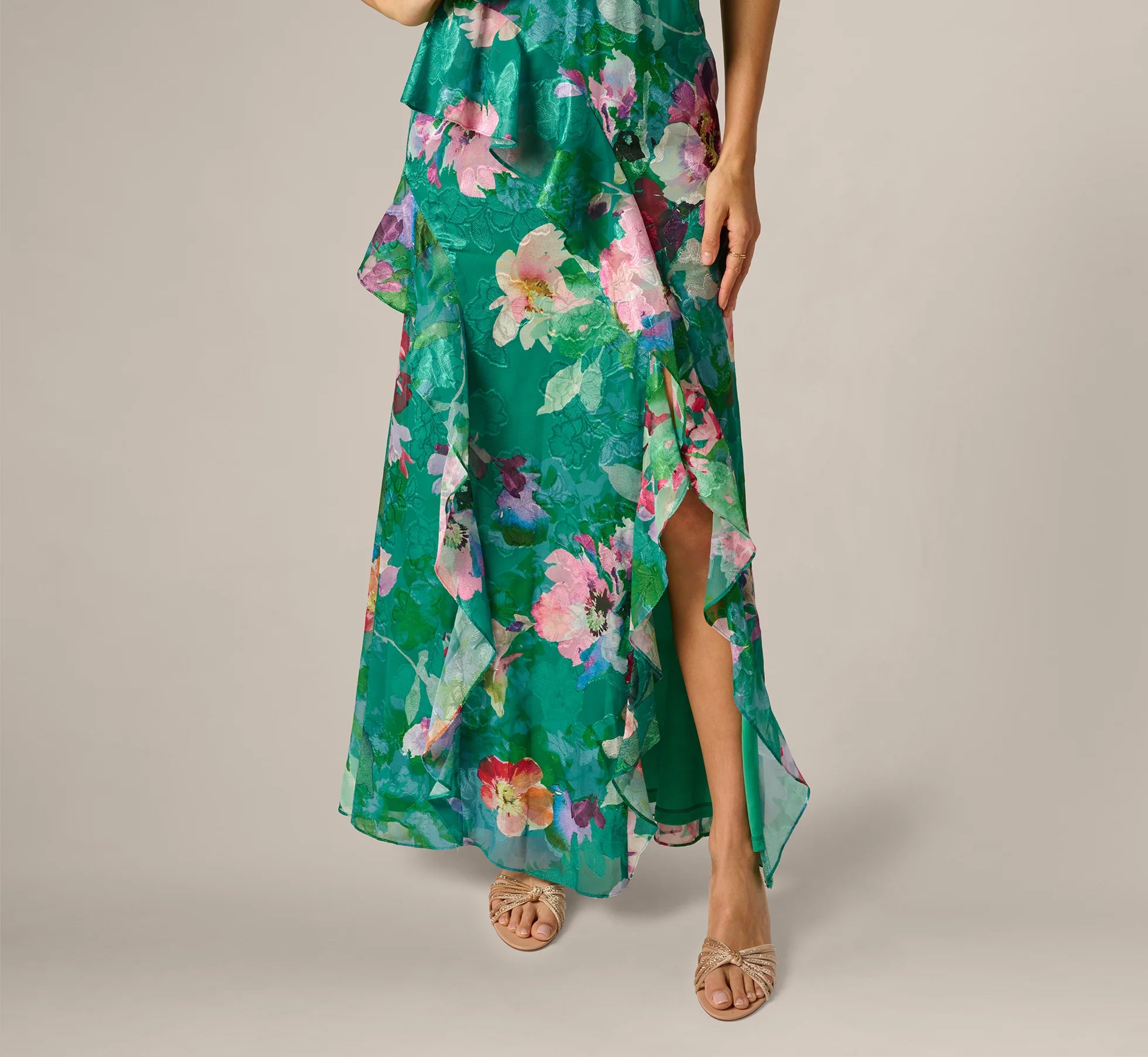 Floral Chiffon Blouson Ruffle Halter Gown In Green Multi