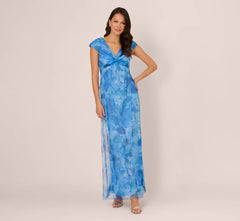 Cap Sleeve Twist Front Floral Tulle Gown In Blue Multi