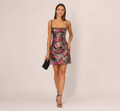 Sleeveless Metallic Jacquard Cocktail Dress In Red Multi