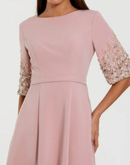 Pink Crepe Gown With Embellished 3/4 Sleeves