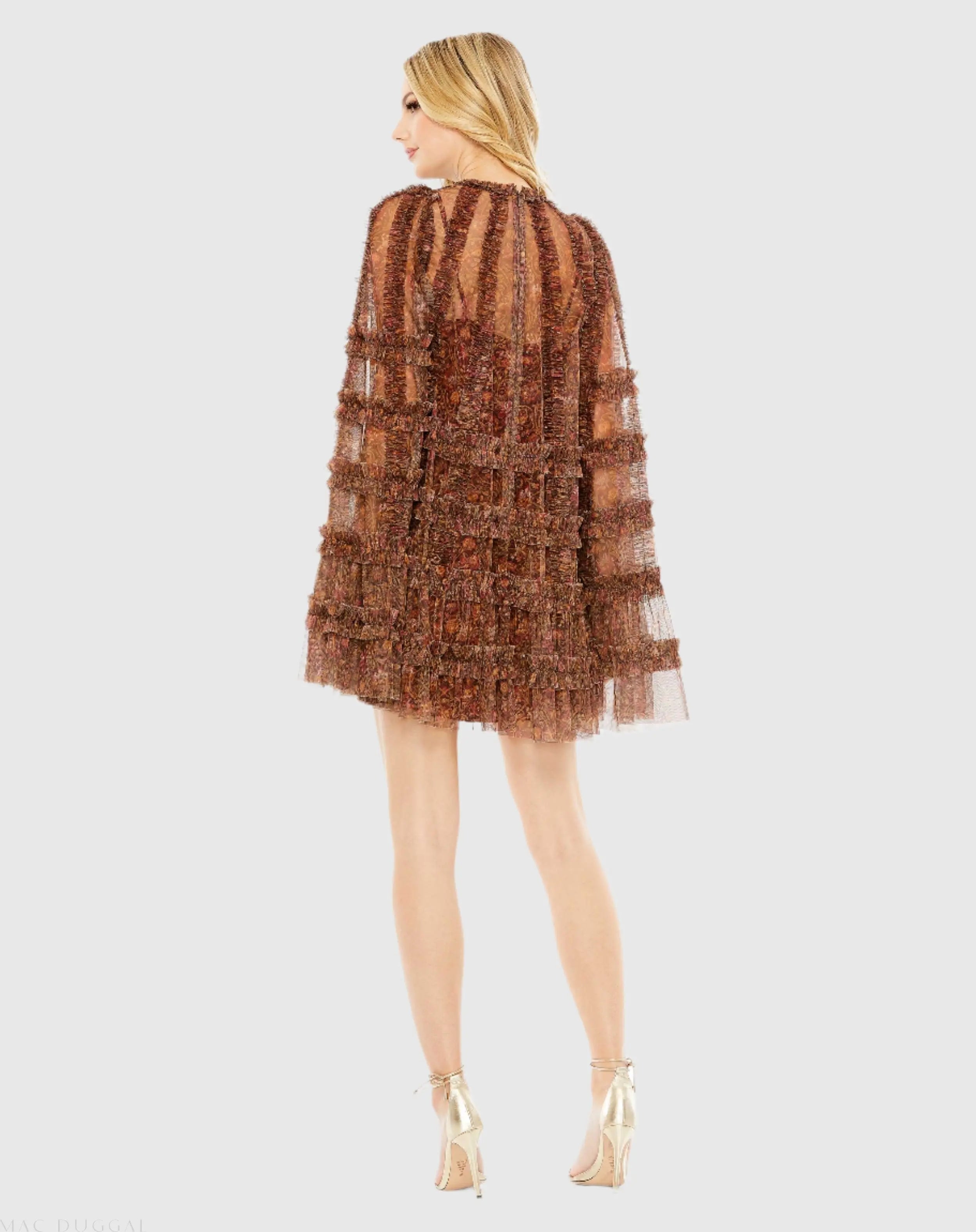 Brown Floral Print Long Flare Sleeve Mesh A-Line Dress - FINAL SALE